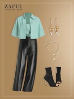 Stripes Button Front Bandeau Top Cropped Shirt and 90s PU Leather Wide Leg Pants