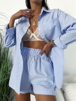 Stripes Front Pockets Button Down Shirt and Shorts Set L Blue