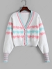 Stripes Panel Heart Graphic Varsity Button Up Cardigan White