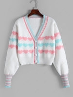 Stripes Panel Heart Graphic Varsity Button Up Cardigan White