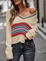 Stripes Panel V Neck Cricket Sweater L Light coffee