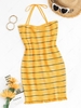 Stripes Patterned Halter Slinky Knit Dress M Yellow