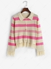 Stripes Pointelle Knit Button Up Tassels Cardigan L Light pink