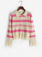 Stripes Pointelle Knit Button Up Tassels Cardigan S Light pink