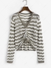 Stripes Pointelle Knit Cinched V Neck Sweater Coffee