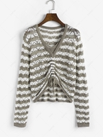 Stripes Pointelle Knit Cinched V Neck Sweater Coffee