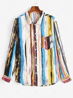 Stripes Print Curved Hem Pocket Festival Shirt S Light blue