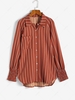 Stripes Shirred Sleeve Tie Button Down Shirt M Deep red