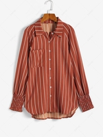 Stripes Shirred Sleeve Tie Button Down Shirt M Deep red