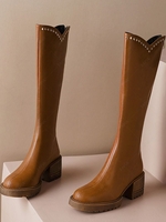 Studded Detail Back Zip Chunky Heeled Riding Knee High Boots