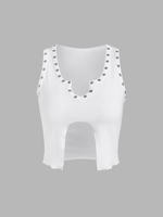 Studded Ribbed Notched Hem Tank Top M White