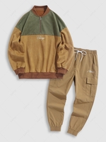 Suede Baseball Sweatshirt and Jogger Cargo Pants Set Coffee