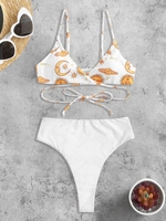 Sun and Moon Print Wrap Bikini Top and High Leg Cutout High Rise Bikini Bottom White