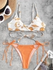 Sun and Moon Print Wrap Bikini Top and Side Tie Ribbed Bikini Bottom Orange