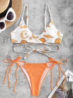 Sun and Moon Print Wrap Bikini Top and Side Tie Ribbed Bikini Bottom Orange