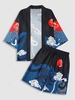 Sun Cloud and Crane Print Kimono and Shorts Set Black