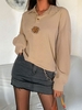 Sun Embroidered Button Front Polo Sweatshirt L Coffee
