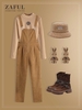 Sun Embroidered Crop Top and Zip Up Corduroy Overalls Jumpsuit Set Coffee