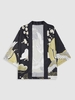 Sun Floral and Crane Print Short Sleeve Kimono M Vanilla