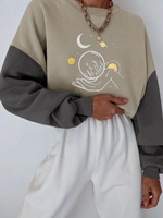 Sun Moon Star Leaves Graphic Whimsigoth Colorblock Sweatshirt M Gray