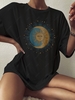 Sun Moon Star Print Drop Shoulder Loose T Shirt M Black