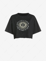 Sun Print Frayed Graphic Cropped Tee L Black