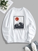 Sun Wave Crane Print Oriental Pullover Sweatshirt Xl White