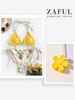 Sunflower Braided Lettuce Scrunch Butt Bikini Set With Flower Design Hair Claw Yellow
