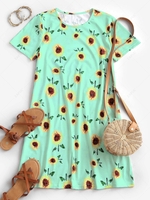 Sunflower Print Trapeze T-shirt Dress S Green