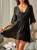 Surplice Drop Shoulder Belted Cover Up Dress Black