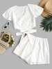 Surplice Knotted Flutter Sleeve Two Piece Shorts Set Xl White