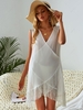 Surplice Plunging Fringed Crinkle Cover Up Dress S White