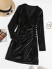 Surplice Velvet Loop Button Slit Ruched Dress S Black