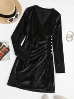 Surplice Velvet Loop Button Slit Ruched Dress S Black