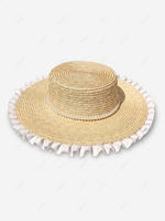 Sweet Faux Pearl Lace Design Wide Brim Flat Top Hat
