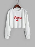 Sweety Cherry Print Drop Shoulder Crop Sweatshirt S White