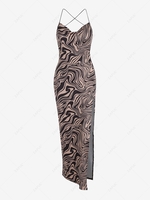 Swirl Criss Cross Open Back Thigh High Slit Dress S Coffee