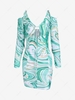 Swirl Marble Print Cinched Ruched Cut Out Slinky Dress M Light blue
