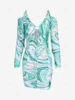 Swirl Marble Print Cinched Ruched Cut Out Slinky Dress M Light blue