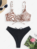 Swirl Marble Print Ribbed Lace Up Cinched High Leg Bikini Swimwear Multi a