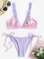 Swirl Print Crinkle Tie Side Bikini Swimwear Light purple