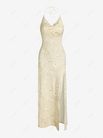Swirl Print Halter Thigh Split Backless Dress M Light coffee