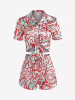 Swirl Print High Waisted Tied Shorts Set M Light green