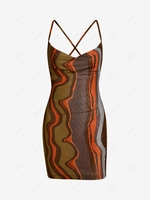 Swirl Print Lace Up Cowl Front Bodycon Dress L Coffee