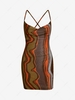 Swirl Print Lace Up Cowl Front Bodycon Dress M Coffee