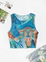 Swirl Print Sheer Mesh Cropped Tank Top M