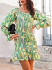 Swirl Print Smocked Poet Sleeve Mini Mermaid Dress M Multi a