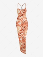 Swirl Print Thigh High Slit O-ring Cami Dress S Yellow