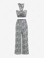 Swirl Print Twisted Wide Leg Pants Set S Black