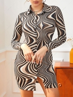 Swirls Print Button Down Slinky Shirt Dress M Coffee